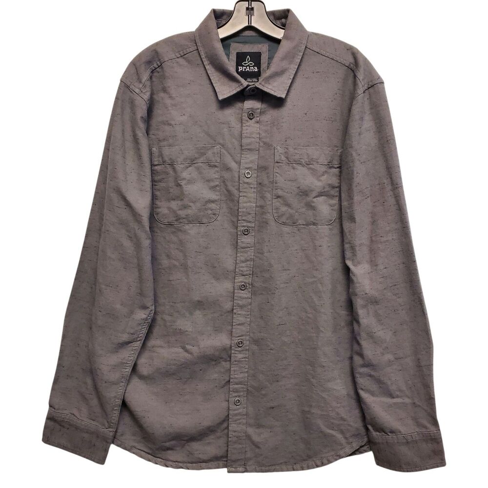 PRANA Shirt Mens Large Gray Casual Button Up Cotton Blend Pockets Outdoor Preppy